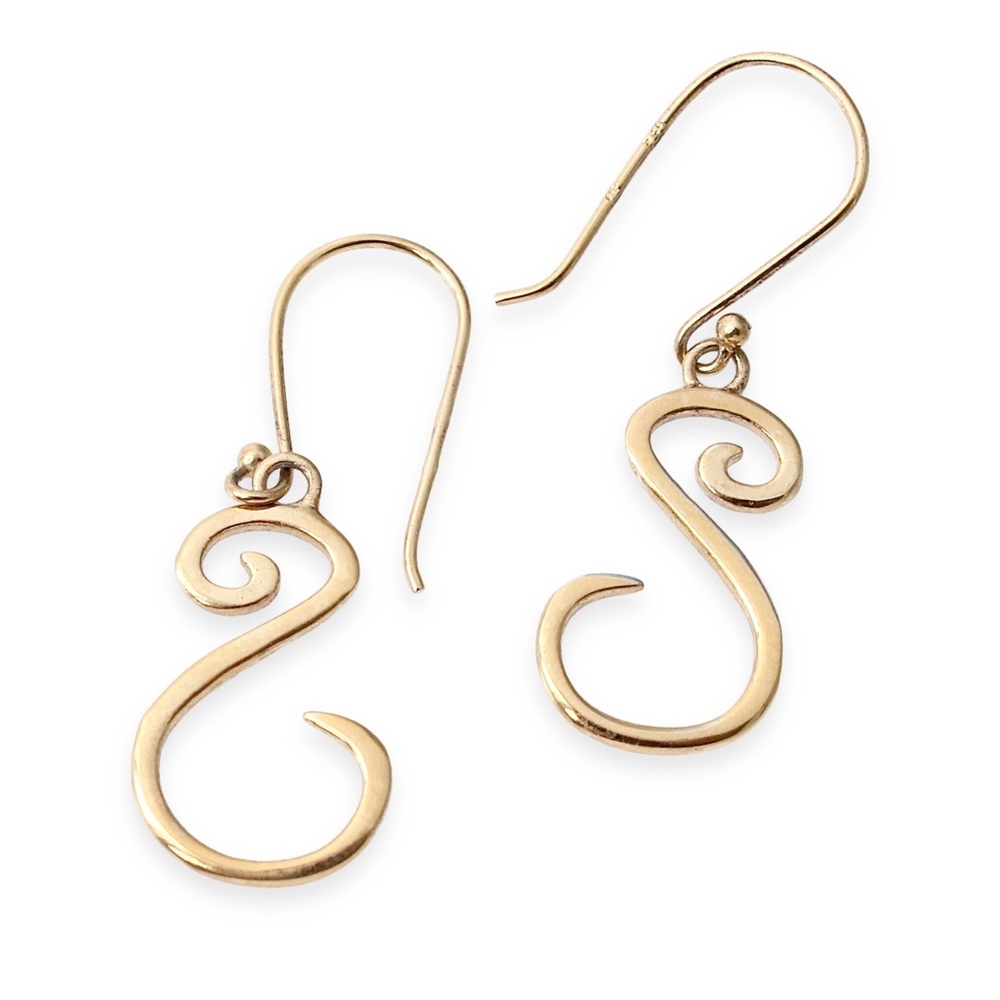 Vintage Gold Vermeil Sterling Silver Spiral Dangle Earrings Letter S Shape Swirl